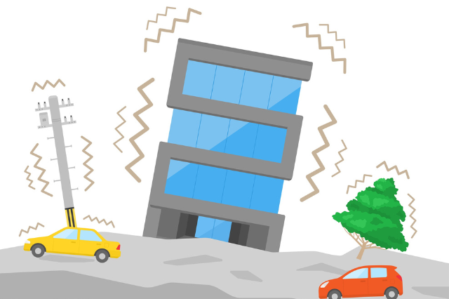 地震で揺れるマンションのイラスト